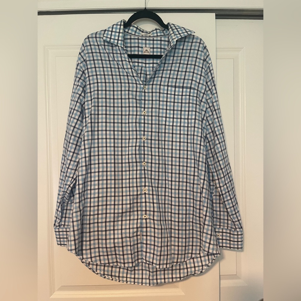 Peter Millar Blue and Navy Plaid Long-Sleeve Button-Down Shirt